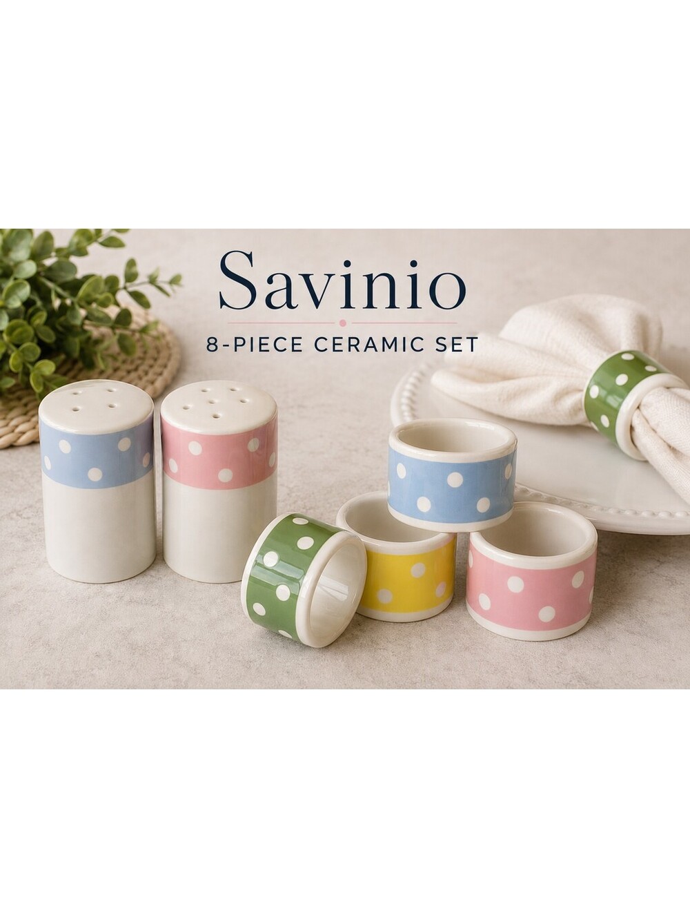 New Without Tags | Savinio | Polka Dot Ceramic Napkin Rings + S&P set